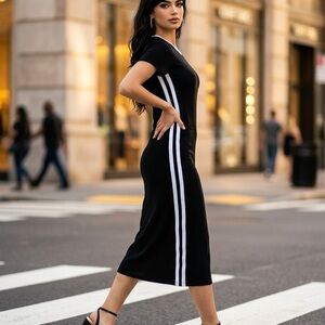 Marc New York Black Midi Dress with White Side Stripes